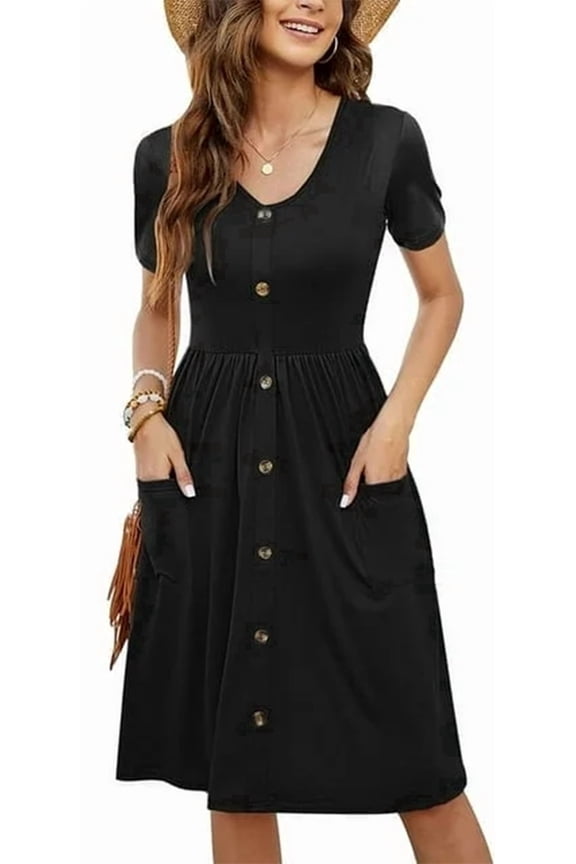 Summer Dresses for Women Short Sleeve Casual Dresses Mini Loose Button Elastic Waist Dress with Pockets Black