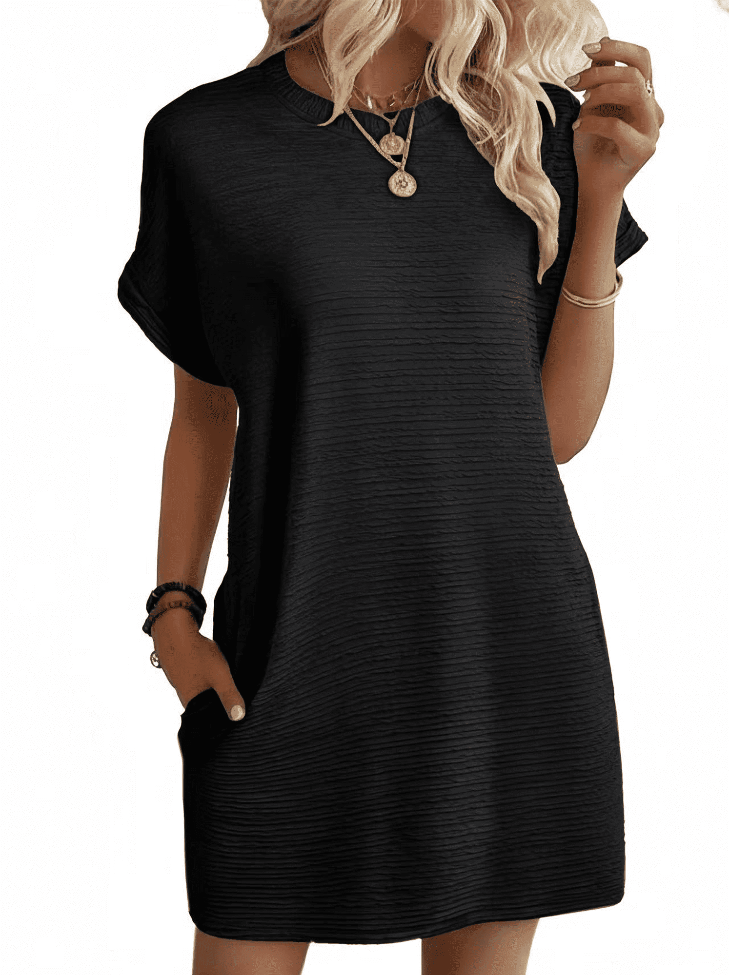 short black summer dresses Somer Women's Minimalist Textured Midi Dress, Drop Shoulder Short Sleeve Crewneck Shift Dress for Summer, Work to Vacation,Black, Size: Large