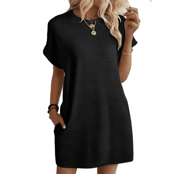 SOMER Women’s Summer Dresses Crewneck Short Sleeve Fashion Casual Shift Mini Tunic Dress for Work Beach Vacation 2026 Spring Black L