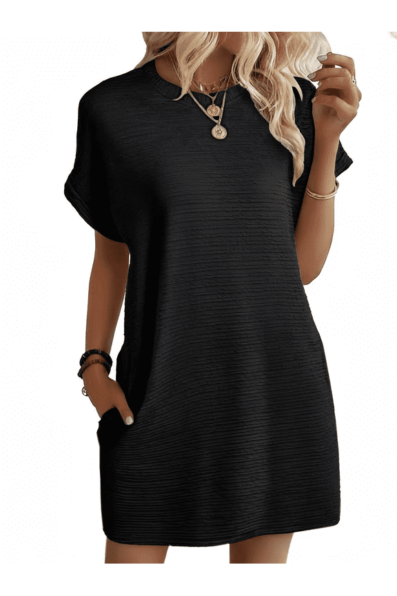 Women’s Summer Dresses Crewneck Short Sleeve Fashion Casual Shift Mini Tunic Dress for Work Beach Vacation 2026 Spring Black M