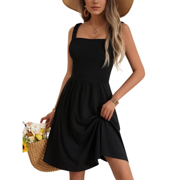 SOMER Women’s Summer Dresses Midi Sundress Square Neck with Pocket Sleeveless Boho High Waist A-Line Flowy Dress Casual Beach Vacation Black L