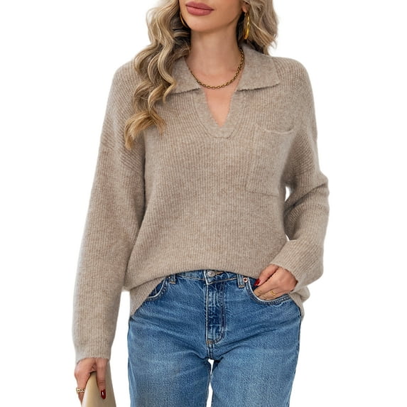 SOMER Women's Sweaters V Neck Pullover Long Sleeve Knitted Cozy Foldover Collared Casual Jumper Top With Pocket for Spring Fall Winter