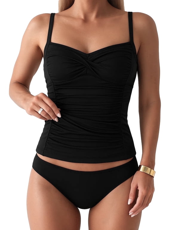 Women's Tankini Swimsuit 2 Piece Set Bathing Suits Tummy Control High Waisted Ruched Bikini Swimwear