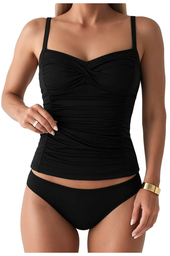 Women's Tankini Swimsuit 2 Piece Set Bathing Suits Tummy Control High Waisted Ruched Bikini Swimwear
