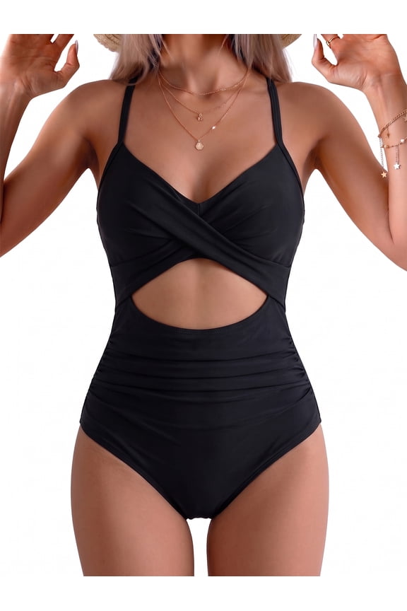 Women's Swimsuits One Piece Bathing Suit for Women Tummy Control Cutout High Waisted Bathing Suit Wrap Tie Back 1 Piece Swimsuit Black