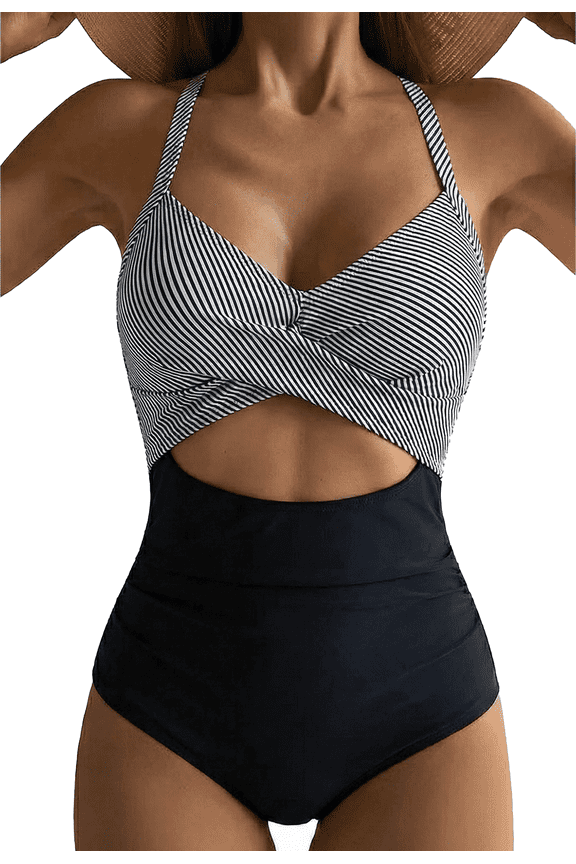 Women's Swimsuits One Piece Bathing Suit for Women Tummy Control Cutout High Waisted Bathing Suit Wrap Tie Back 1 Piece Swimsuit Black Striped M