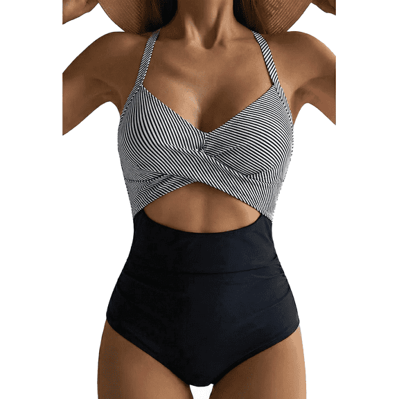 SOMER Women's Swimsuits One Piece Bathing Suit for Women Tummy Control Cutout High Waisted Bathing Suit Wrap Tie Back 1 Piece Swimsuit Black Striped S