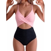SOMER Women's Swimsuits One Piece Bathing Suit for Women Tummy Control Cutout High Waisted Bathing Suit Wrap Tie Back 1 Piece Swimsuit Pink Black 2XL