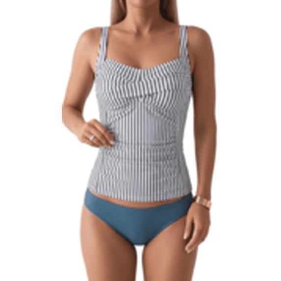 SOMER Women's Tankini Swimsuit 2 Piece Set Bathing Suits Tummy Control High Waisted Ruched Bikini Swimwear Blue Stripe 2XL