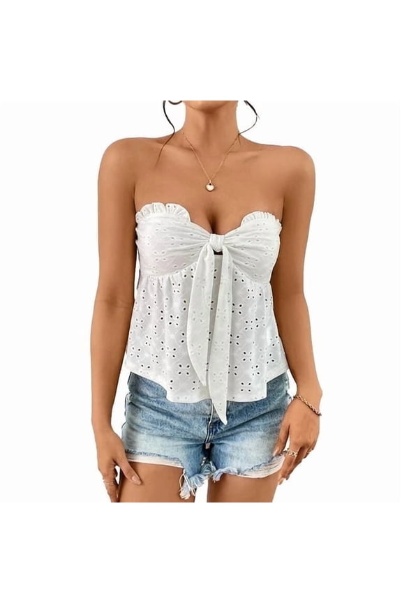 Tube Tops For Woman Summer Eyelet Bandeau Butterfly Knot Off Shoulder Top