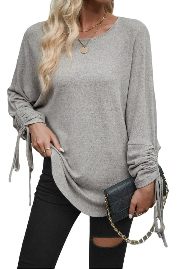 Women’s Tunic Tops Long Sleeve Dressy Blouses Lightweight Casual Pullover with Ruched Sleeves Soft Loose Fit Tunic for Fall and Winter