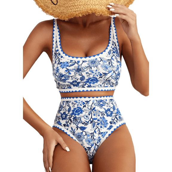 SOMER Women’s Bikini Set Two Piece Swimsuit Floral Print Crop Top and Bottom, High Waisted Tummy Control Swimwear Bathing Suits