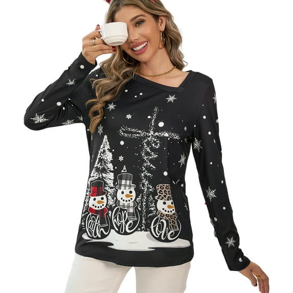 SOMER Women's Ugly Christmas Sweatshirt Pullover Top Funny Snowman Graphic Oversized Slanted Collar Fashion Long Sleeve T-Shirt