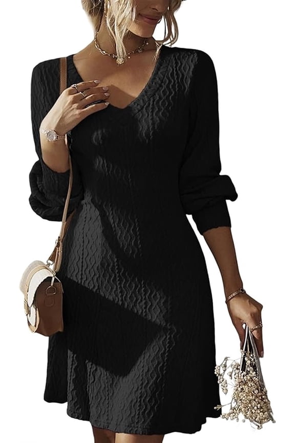 Womens Dress V-Neck Casual Dresses for Women Ripple Sweater Dress, Dresses for Women 2025 Elegant Classy Fall and Winter Long Sleeve Dress