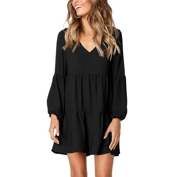 SOMER Dresses for Women V Neck Mini Long Sleeve Black Fashion Casual Loose Flowing Straight Cute Short Dress with Pocket Fall 2025
