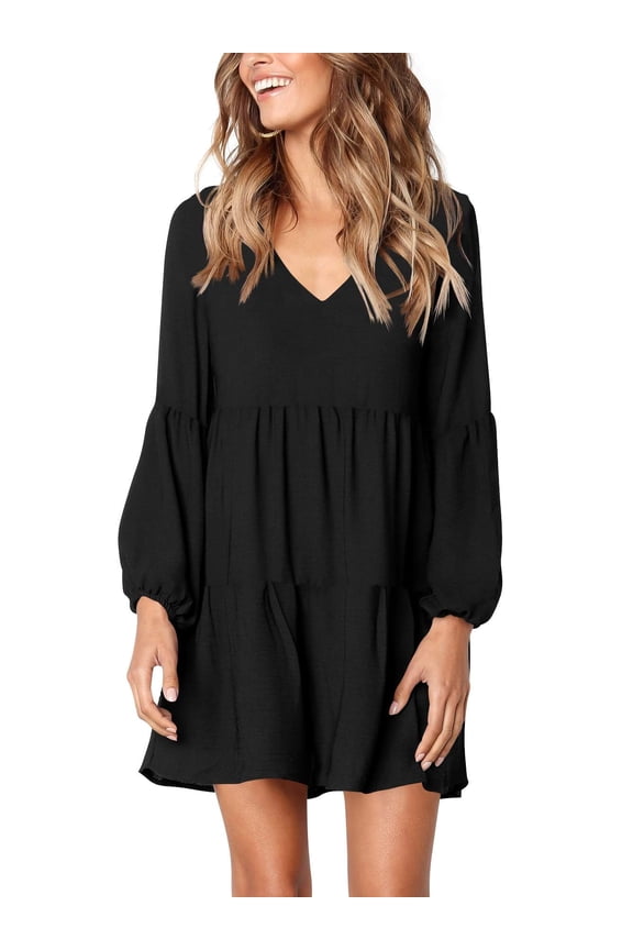 Dresses for Women V Neck Mini Long Sleeve Black Fashion Casual Loose Flowing Straight Cute Short Dress with Pocket Fall 2025