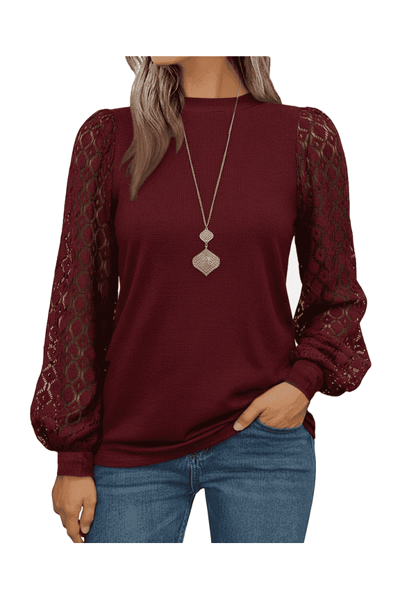 Womans Tops Fall Long Sleeve Shirts Pleated Lace Tops Casual Loose Blouses T Shirts