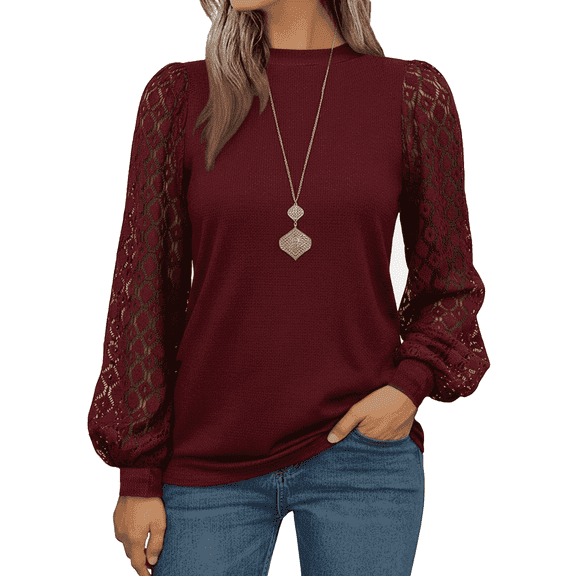 SOMER Womans Tops Fall Long Sleeve Shirts Pleated Lace Tops Casual Loose Blouses T Shirts