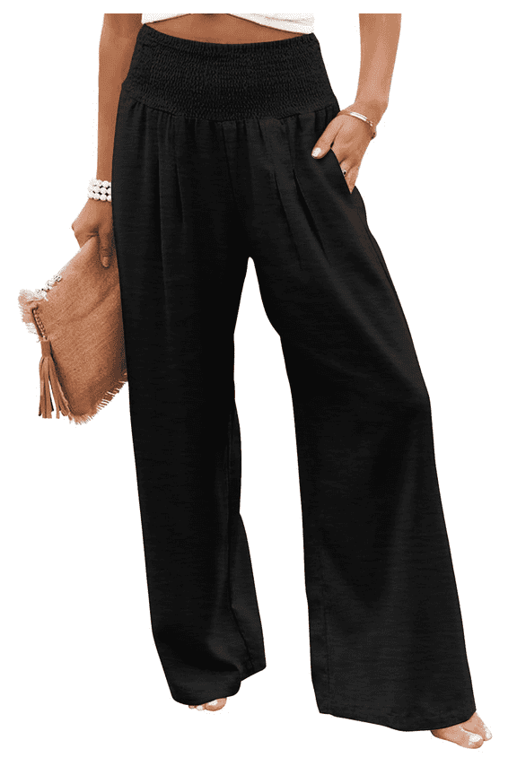 Women’s Wide Leg Palazzo Pants High Waisted Elastic Waist Casual Lounge Pants Trousers with Pockets Black XL