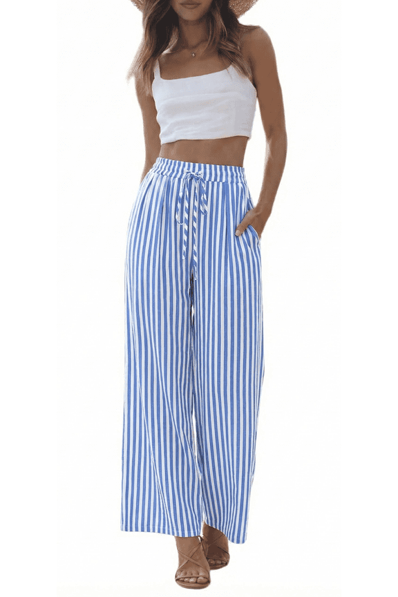 Women’s Wide Leg Pants Elastic Waist Striped Drawstring Lightweight Palazzo Pants Casual Lounge L