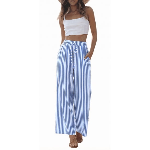 SOMER Women’s Wide Leg Pants Elastic Waist Striped Drawstring Lightweight Palazzo Pants Casual Lounge XL