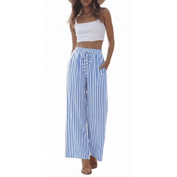 SOMER Women’s Wide Leg Pants Elastic Waist Striped Drawstring Lightweight Palazzo Pants Casual Lounge XL