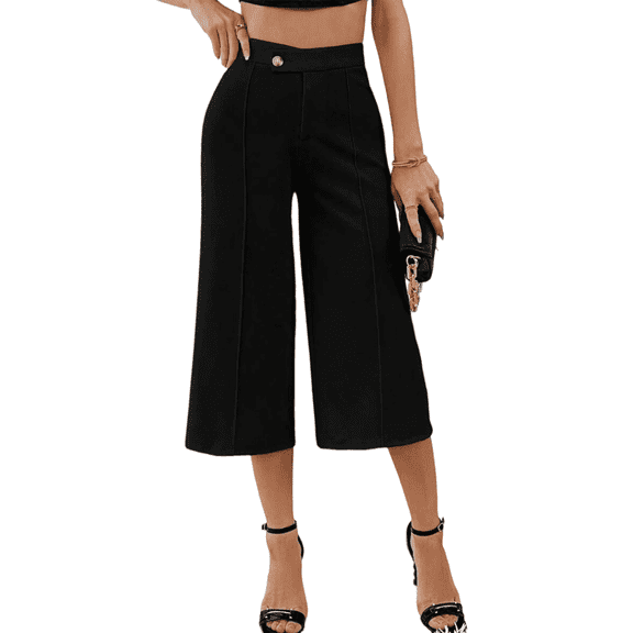 SOMER Capri Pants for Women, Wide Leg Pants Woman, Loose Fit, Black, Solid Color with Buckle, Casual Comfortable