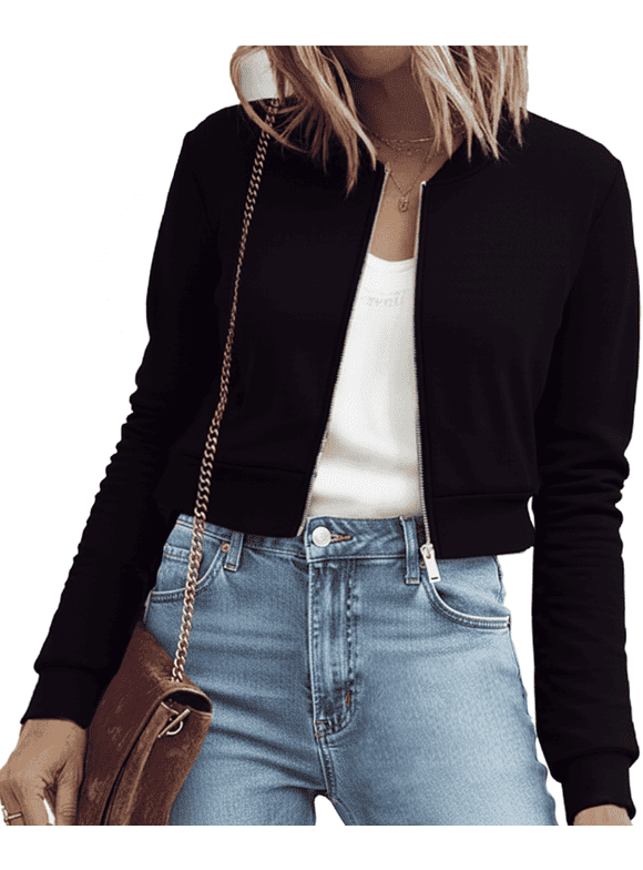 Bomber Jacket Women Lightweight Casual Zip Up Black Womens Jackets Cropped Long Sleeve Fashion, Fall 2025