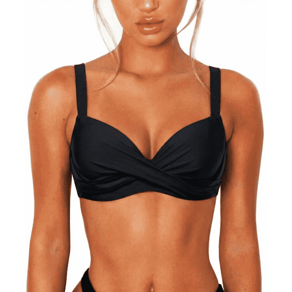 SOMER Womens Bikini Tops for Women Underwire Swimsuits Bra Padded Push Up Black Bikini Bathing Suit Top Twist Front Swimwear