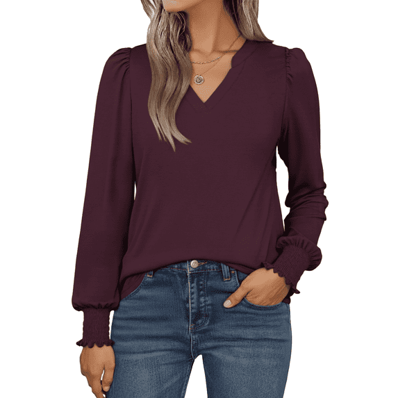SOMER Womens Tops Fall Long Sleeve Shirts Business Casual V Neck Loose T-Shirts Dressy Work Tops with Smocked Cuffs