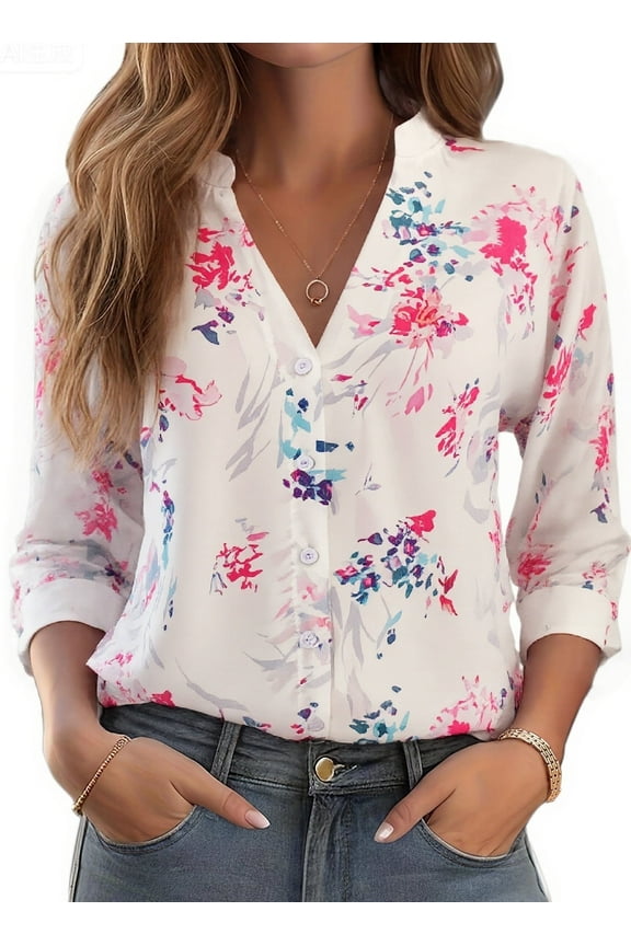 Button Down Shirts for Women Blouses for Women Dressy Casual V Neck Silky Printed Wrinkle-Resistant Long Sleeve Tops Trendy Early Fall Fashion 2025