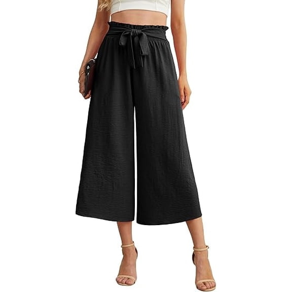 MLDRA Women’s Capri Wide Leg Pants High Waisted Drawstring Casual Loose Fit Summer Pants with Pockets Black