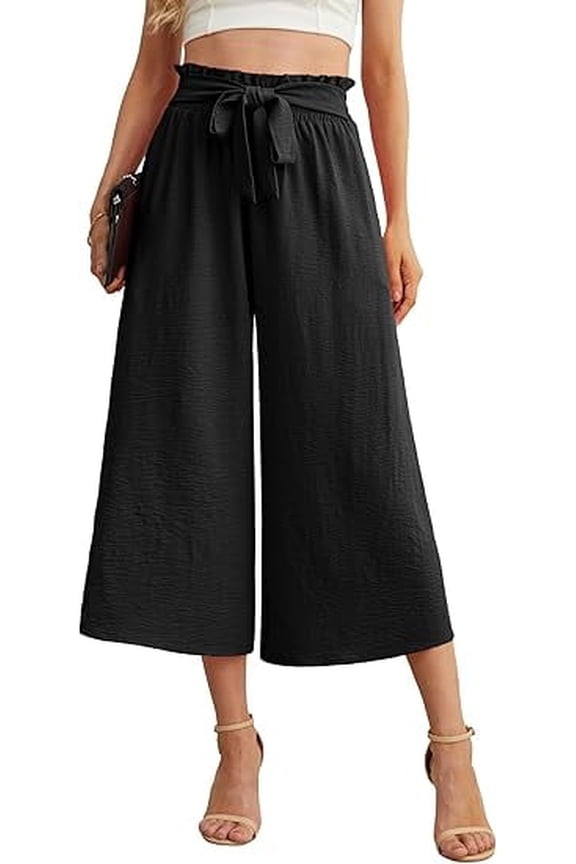 Women’s Capri Wide Leg Pants High Waisted Drawstring Casual Loose Fit Summer Pants with Pockets Black
