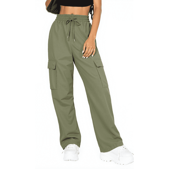 SOMER Cargo Pants Women Drawstring Elastic Joggers for Women High Waist Wide Leg Hiking Pant Trousers Lightweight Casual Pants With Pockets