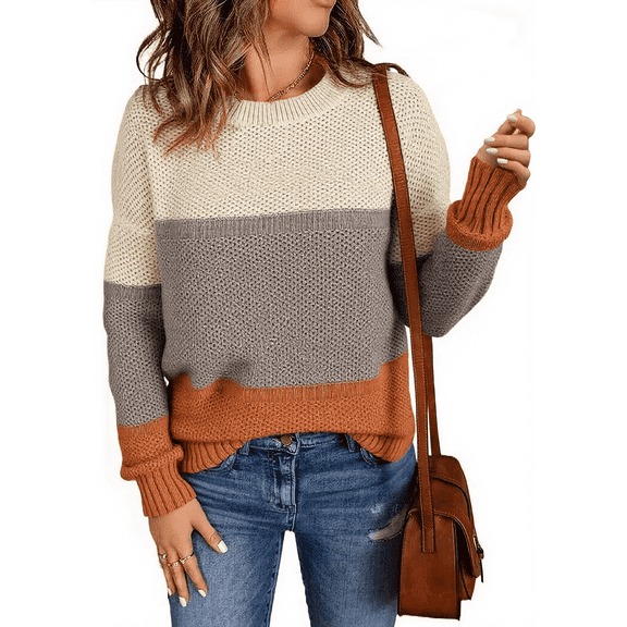 SOMER Sweaters for Women Color Block Knit Pullover Sweaters for Women Long Sleeve Womens Sweaters Loose Dressy Casual Crewneck Jumper Tops