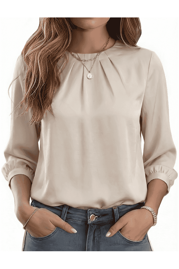 Women Blouse Pleated Tops for Women Trendy Business Dressy Business Casual Long Sleeve Tops for Women Fall Tops Apricot