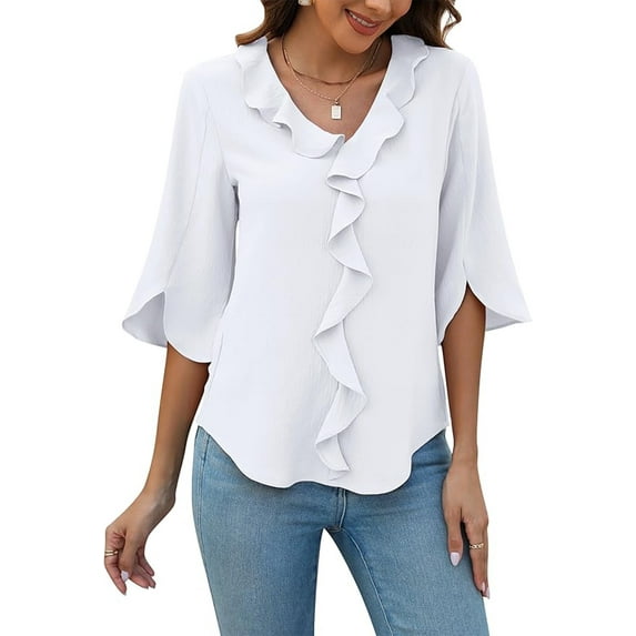 SOMER Woman Blouses Dressy Ruffle V Neck Tops Summer Casual 3/4 Sleeve Shirts
