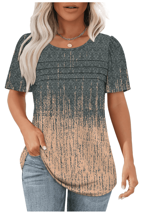 Womens Dressy Casual Blouses Short Sleeve Tops Pleated Front Crew Neck T Shirts for Going Out Work,2026 Summer Trendy