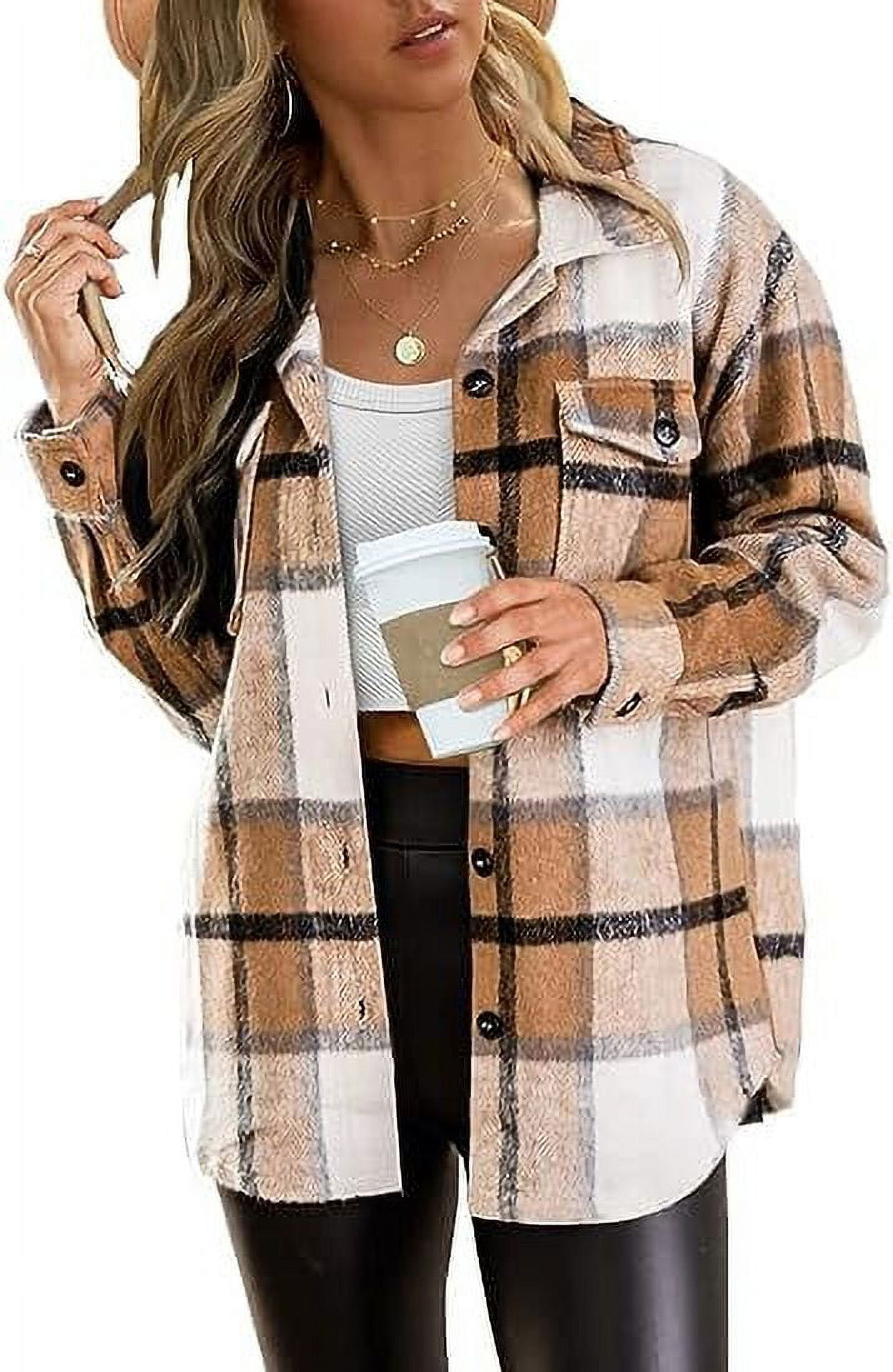 LSOLMD Shackets for Women 2023 Fashion Wool Blend Plaid Shacket Jacket with  Pocket Button Down Fall Winter Coats Clothes