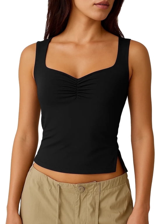 Tank Tops for Women Black Sweetheart Neck Sleeveless Summer Crop Tops Casual Slit Hem Shirts Yoga