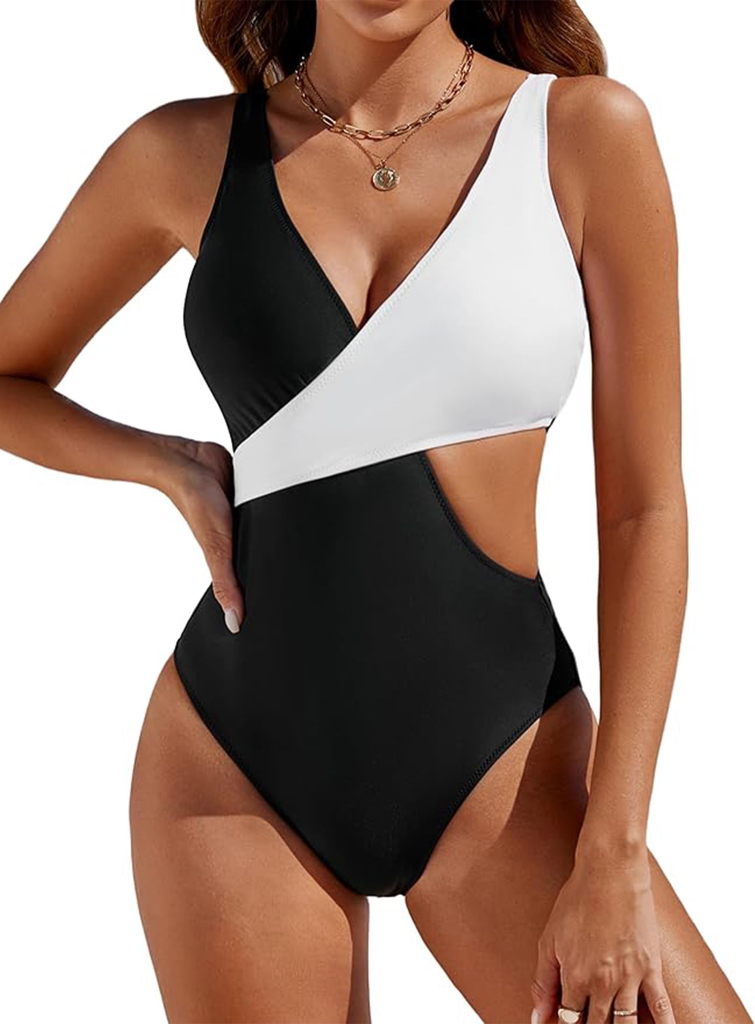 Walmart exclusive discounts  SOMER Womens One Piece Swimsuits Bathing Suits Tummy Control Swimsuits Sexy High Cut Color Block Monokini