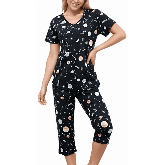 SOMER Womens Pajama Sets Cotton Pj Set Short Sleeve Top With Capri Pants Sleepwear 2 Piece Lounge Set
