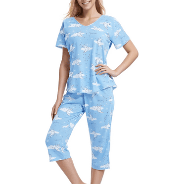 SOMER Womens Pajama Sets Cotton Pj Set Short Sleeve Top With Capri Pants Sleepwear 2 Piece Lounge Set