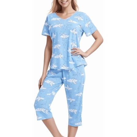 SOMER Womens Pajama Sets Cotton Pj Set Short Sleeve Top With Capri Pants Sleepwear 2 Piece Lounge Set