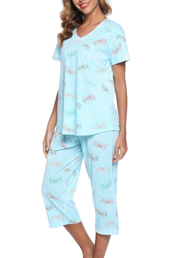 Womens Pajama Sets Cotton Pj Set Short Sleeve Top With Capri Pants Sleepwear 2 Piece Lounge Set