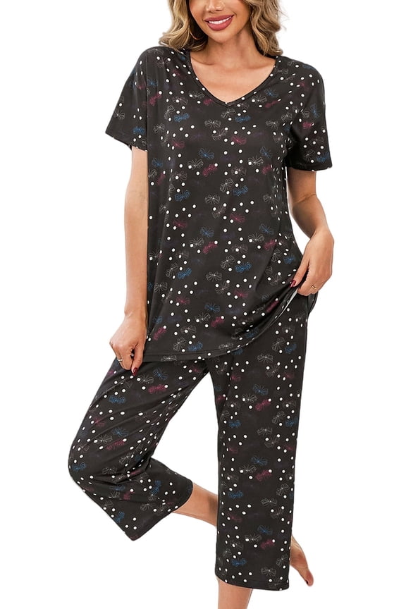 Womens Pajama Sets Cotton Pj Set Short Sleeve Top With Capri Pants Sleepwear 2 Piece Lounge Set