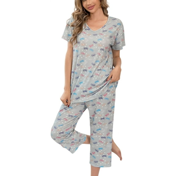 SOMER Womens Pajama Sets Cotton Pj Set Short Sleeve Top With Capri Pants Sleepwear 2 Piece Lounge Set