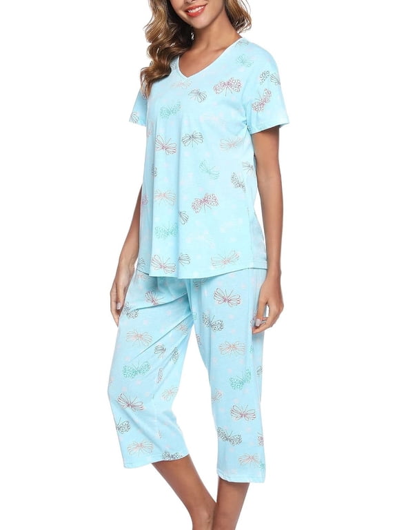 Womens Pajama Sets Cotton Pj Set Short Sleeve Top With Capri Pants Sleepwear 2 Piece Lounge Set
