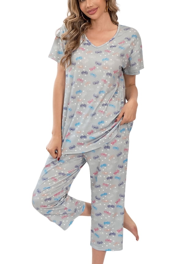 Womens Pajama Sets Cotton Pj Set Short Sleeve Top With Capri Pants Sleepwear 2 Piece Lounge Set
