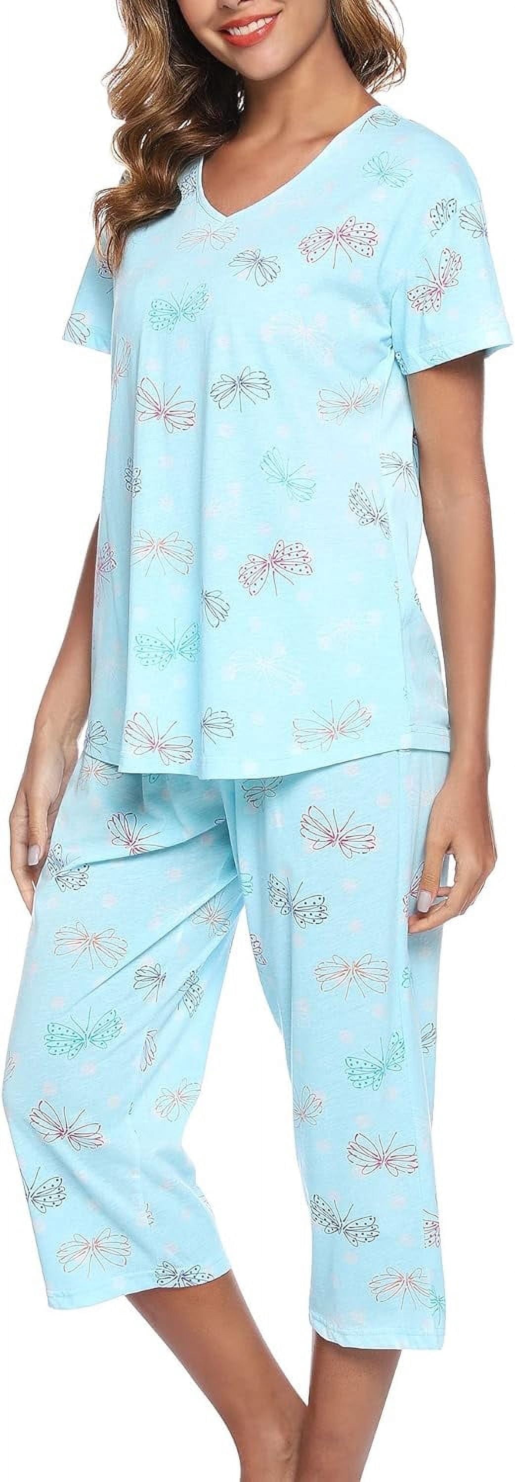 Womens Pajama Sets Cotton Pj Set Short Sleeve Top With Capri Pants Sleepwear 2 Piece Lounge Set